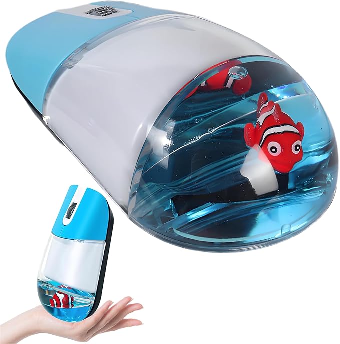Wireless Mouse -Cute Clear Aqua Design, Water Mouse with Optical Precision, Silent Clicks, Lightweight & Floating Animal Transparent Retro Style for Home Office, Great for Kids & Adult(Fish-Blue)