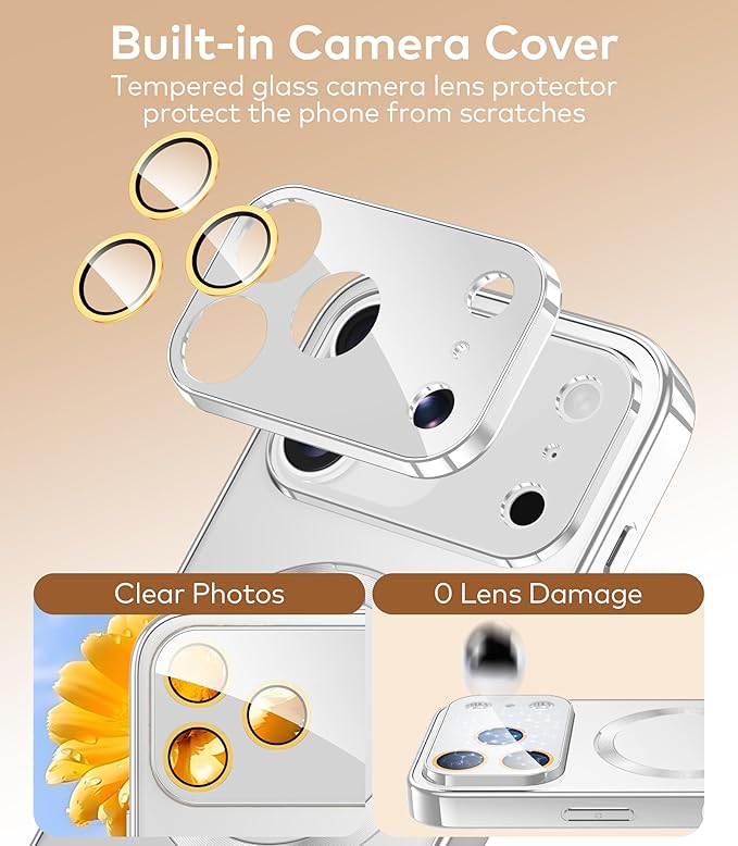 TOBOVON Magnetic for iPhone 17 Pro Case with Ring Stand, Fits MagSafe, with Built-in Camera Cover, Slim Electroplated Shockproof Phone Case, Silver