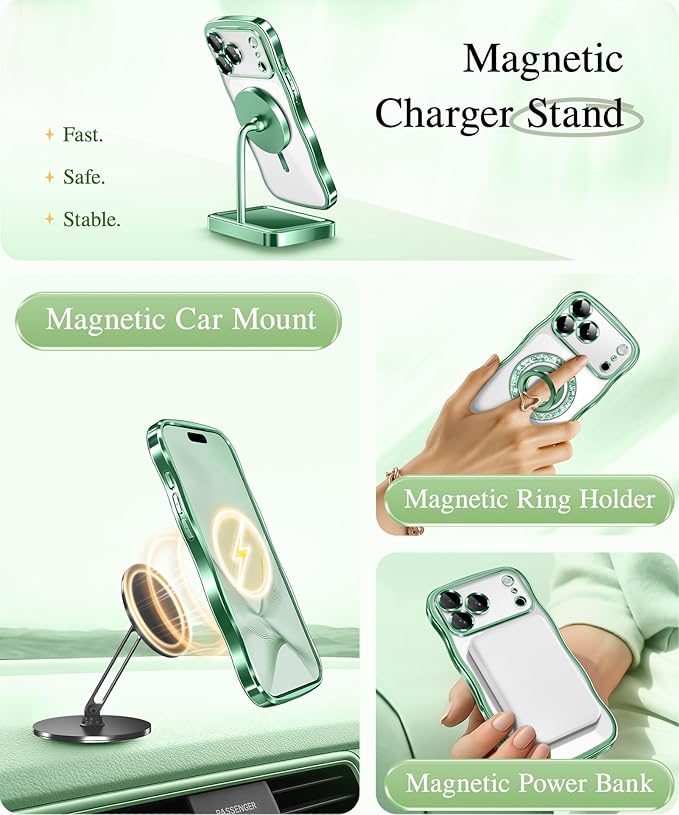 GVIEWIN for iPhone 17 Pro Case Compatible with MagSafe, Upgraded [Full Camera Protection][Cute Wave Frame][Military Grade Protection] Electroplated Hard Phone Cover for Women Girl, Clear/Green