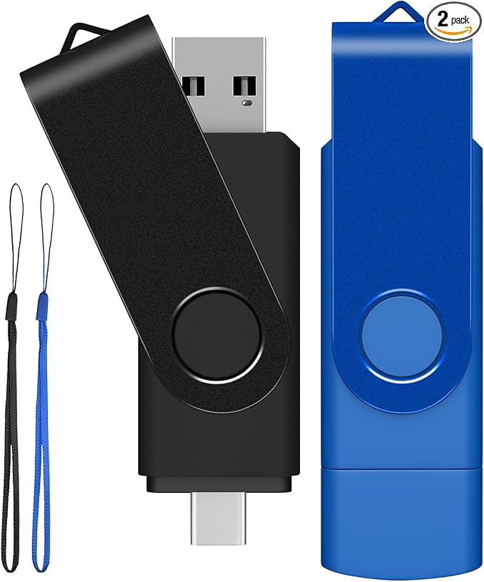AreTop 32GB USB C Flash Drive 2 in 1 OTG USB 2.0 + Type C Memory Stick with Keychain Dual Type-C Thumb Drive Photo Stick Jump Drive for Android Smartphones, Computer, Tablet, PC, 2 Pack (Black, Blue)