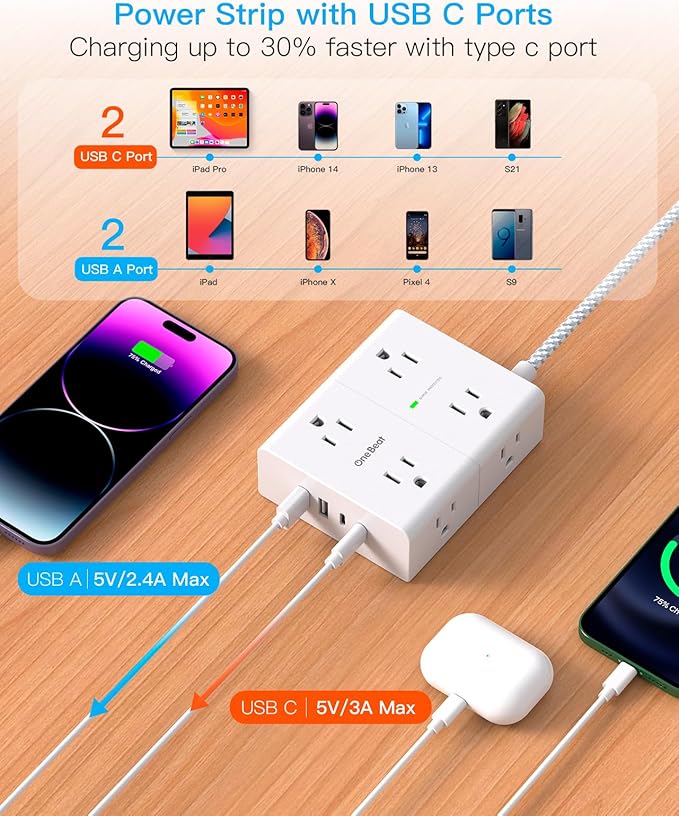 Extension Cord 20 Ft, One Beat Surge Protector Power Strip 20 Ft Long Cord, 8 AC Outlets with 4 USB Ports(2 USB C), White Power Strip for Home Office College Dorm Room, Desk Essentials