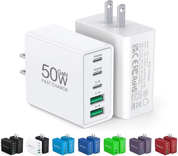 2Pack USB C Fast Charger Block,50W 5-Port USB Wall Charger Brick,2 USB A & 3 USB C PD3.0 Power Adapter Multiport Type C Charging Plug for iPhone 17/16/15/14,Pad Mini/Pro,AirPods 4,GalaxyS25(White)