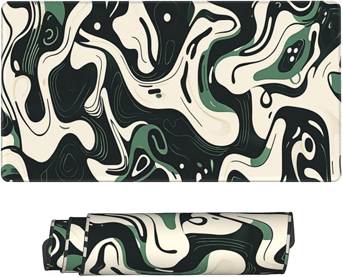 AQQA Abstract Topographic Map Green and White Pattern with Lines Gaming Mouse Pad Long XL Desk Mat for Desktop Mousepad with Non-Slip Base Stitched Edge Keyboard Mat for Office Home 31.5" x 15.7"
