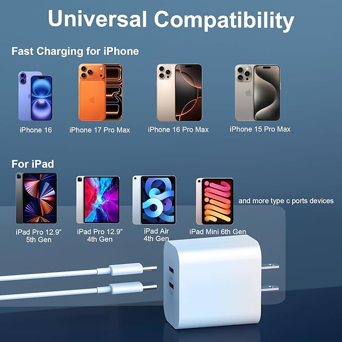 20W Dual Port USB C Charger Block,Phone 17/16/15 Pro Max Charger Fast Charging with 10FT Long USB C to C Charging Cable Cord for 17 16 Pro Max/17 16 15Pro/15/15Plus,Android Phone-Gradient Blue