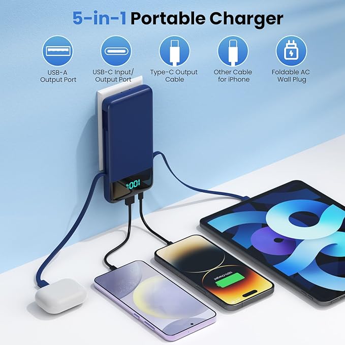 Portable Charger for iPhone,13800mAh Slim Power Bank with Built-in Cables & AC Wall Plug,All in One 4 Outputs USB C Fast Charging Battery Pack Travel Essential for iPhone 17/16/15/14,Android (Blue)