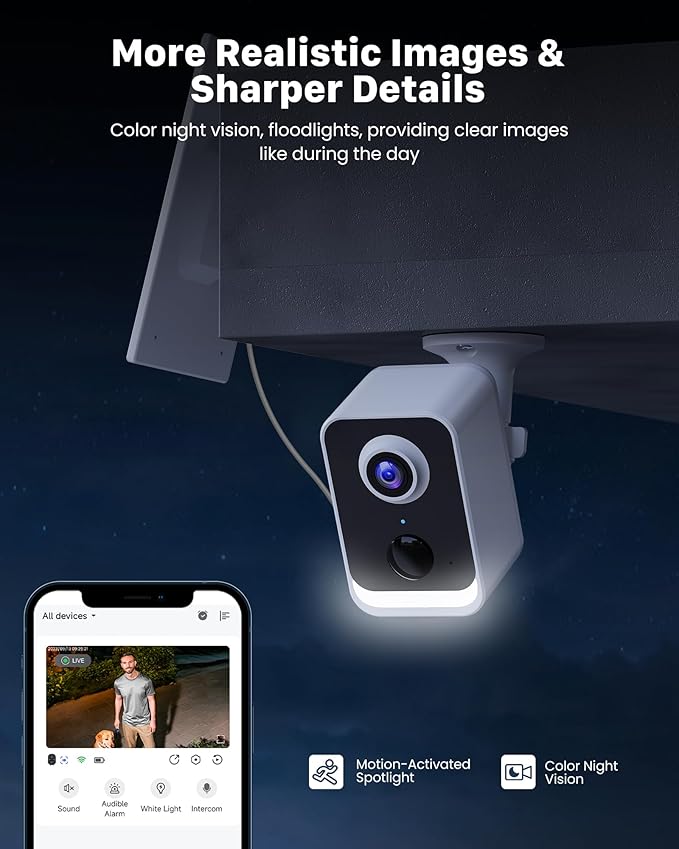 PEEIPM Security Cameras Wireless Outdoor Solar: Battery Power Cameras for Home Security WiFi Seguridad Camara System Kit Surveillance Monitor with Motion Sensor Flood Light Alarm & Color Night Vision
