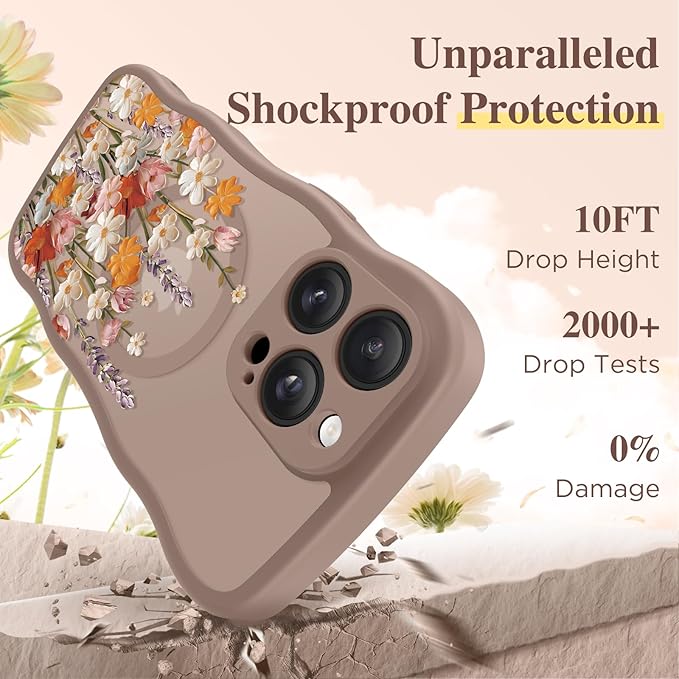 GVIEWIN for iPhone 14 Pro Case Compatible with MagSafe [Curly Wave Edge][Full Camera Protection] Floral Translucent Shockproof Magnetic Women Phone Case for 14 Pro, Primrose/Brown