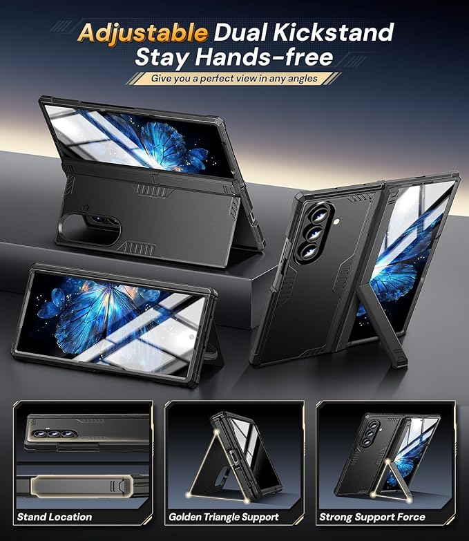 Kaiiecal for Samsung Galaxy Z-Fold-7 Case: Shockproof Rugged [Dual-Stand][Hinge Protection][Anti-Fingerprint] Durable Silicone Armor Protective Cover for ZFold 7 5G 2025 (Black)