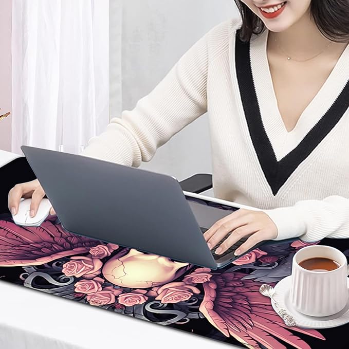 Large Mouse Pad, 31.5 x 11.8in Extended Gaming Mouse Pad with Stitched Edges, XXL Mousepad Protector Non Slip Rubber Base for Office Home Writing Mat, Wings, Pink Roses & Skulls Pattern Black Desk Mat