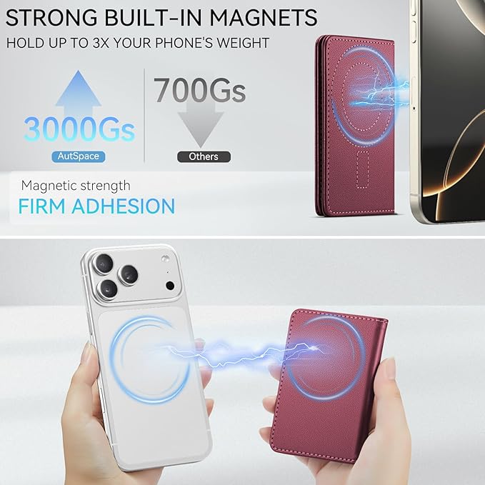 Vinich for Magsafe Wallet Magnetic RFID Blocking Card Holder Compatible with MagSafe Phones and Cases, Strong Magnet Minimalist Phone Wallet for iPhone 17/16/15/14/13/12/Pro/Max/Plus, Wine Red