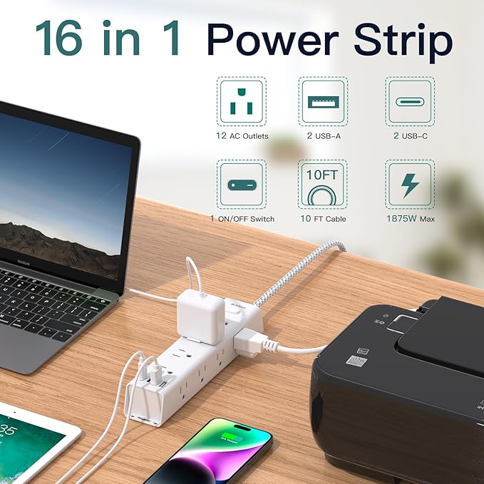 Surge Protector Power Strip - 10 FT Extension Cord, Power Strip with 12 Widely AC Outlet 4 USB, Flat Plug Wall Mount Overload Protection, 1050J, Desk Charging Station for Home Office, ETL Listed,White
