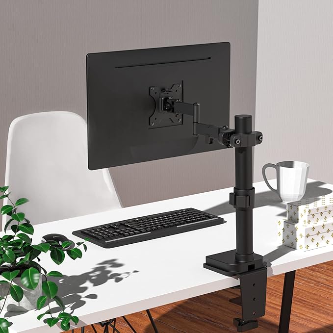 WALI Single Monitor Arm Mount for 17 to 32" Monitors, Full Motion Steel Monitor Pole Mount Bracket with Removable VESA Plate 75mm and 100mm, Vesa Mount for Outdoor, Gazebo, RVs (011ARM), Black