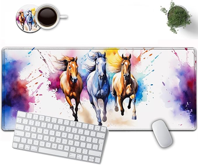 Large Mouse Pad, 31.5 x 11.8in Extended Gaming Mouse Pad with Stitched Edges, XXL Mousepad Protector Non Slip Rubber Base for Office & Home Writing Mat, Watercolor Horse Running Pattern White Desk Mat