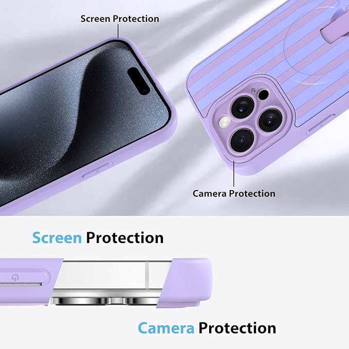 KANGHAR Compatible with iPhone 15 Pro Max Case, Support for MagSafe, Silicone Stripes Cute Pattern, Wristband Kickstand Camera Protection Soft Slim Cover for Girls Women -Purple