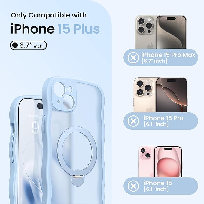 CAPRARO for iPhone 15 Plus Case with 360° Spin Magnetic Stand for Women, [Compatible with MagSafe] [Full Camera Protection] Cute Wave Translucent Matte Case for iPhone 15 Plus, Sky Blue