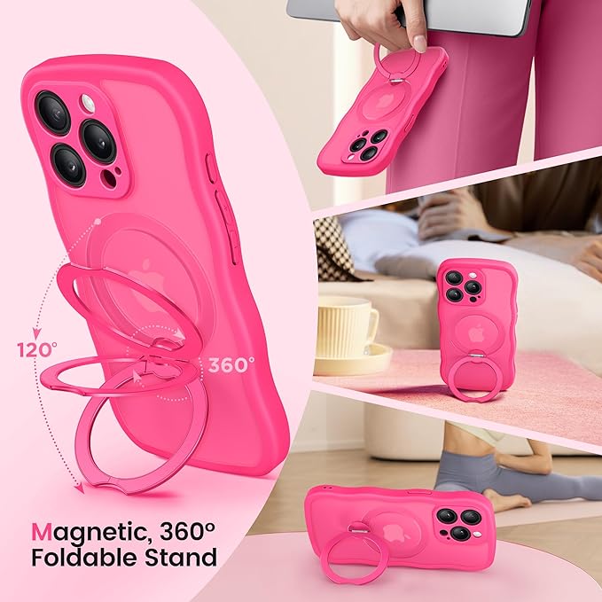 CAPRARO for iPhone 15 Pro Case with 360° Spin Magnetic Stand for Women, [Compatible with MagSafe] [Full Camera Protection] Cute Wave Translucent Matte Case for iPhone 15 Pro, Hot Pink