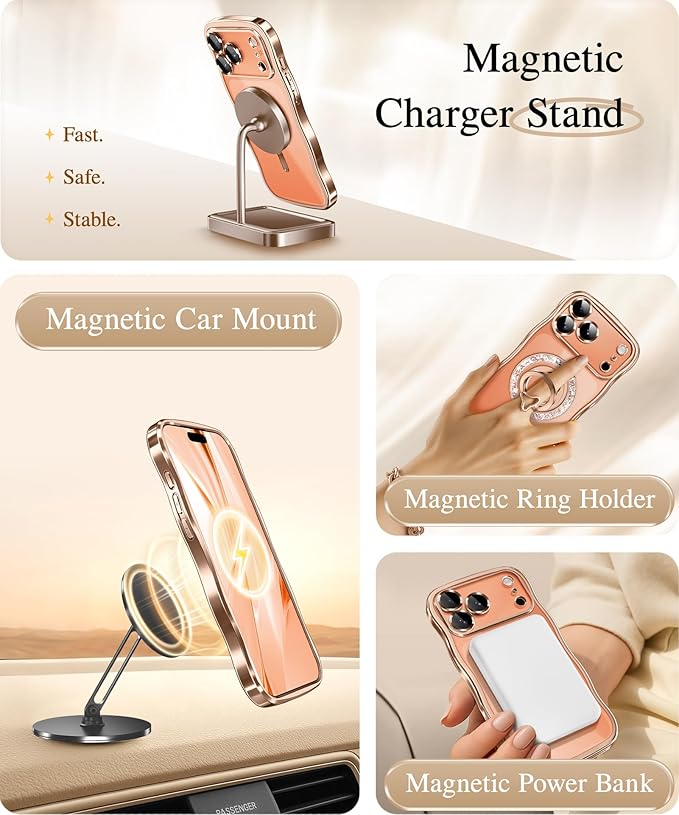 GVIEWIN for iPhone 17 Pro Max Case Compatible with MagSafe, Upgraded [Full Camera Protection][Cute Wave Frame][Military Grade Protection] Electroplated Hard Phone Cover for Women Girl,Clear/Rose Gold