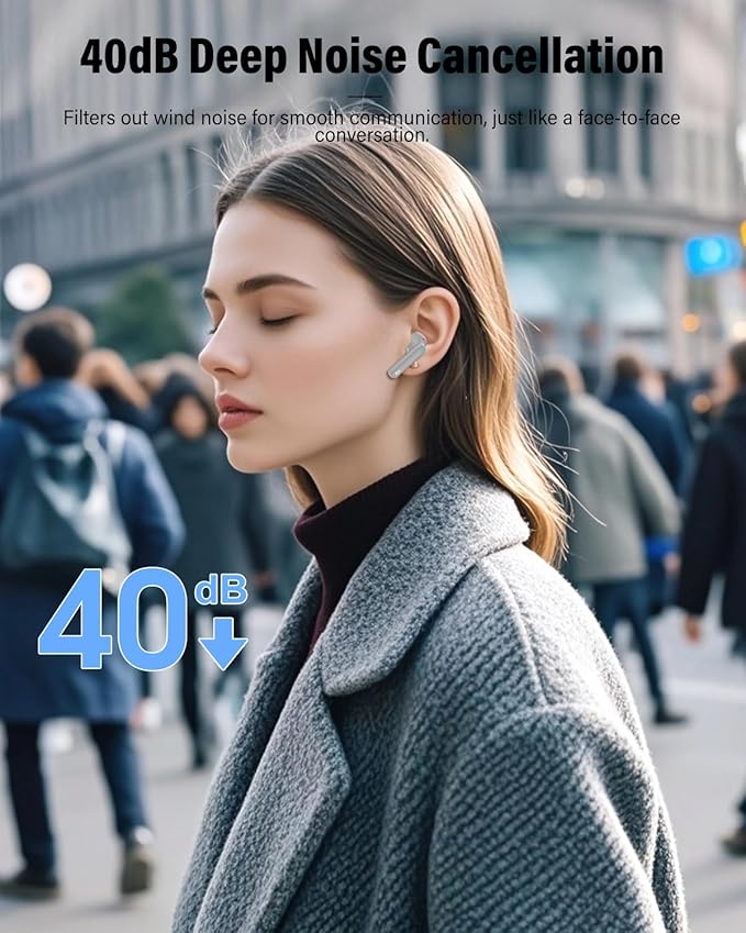 Btootos Wireless Earbuds, Bluetooth 5.4 Headphones Bass Stereo, Ear Buds with Noise Cancelling Mic, IP7 Waterproof in Ear Earphones, 36H LED Display Bluetooth Earbuds for Laptop Pad Phones, Fog Gray