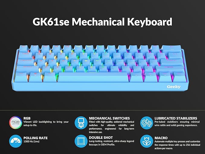 Geeky GK61 SE 60% | Mechanical Gaming Keyboard | 61 Keys Multi Color RGB LED Backlit for PC/Mac Gamer | ANSI US American Layout (Blue, Mechanical Black)