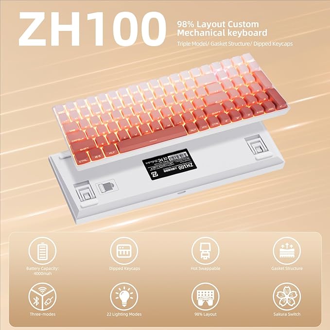 ZORNHER ZH100 Wireless Mechanical Keyboard,98% Pink Creamy Keyboard with Number Pad,Full Size Rose Gold Gaming Keyboard,Lighted Up PBT Dipped Keycaps,Creamy Sounding Linear Switches