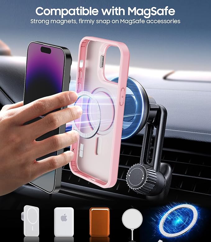 TOBOVON for iPhone 14 Pro Case, Compatible with MagSafe, Built-in Camera Ring Stand, with Individual Camera Cover, Translucent Matte Military-Grade Drop Protection Magnetic Case, Pink