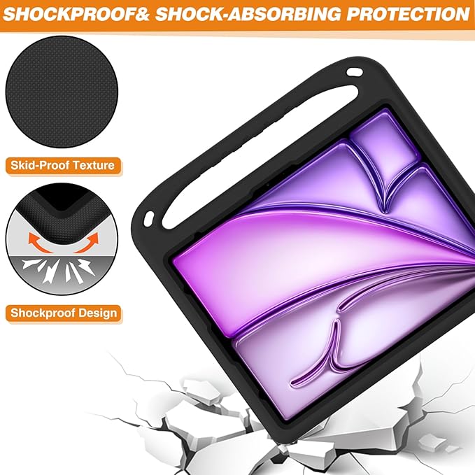 Kids Case for Apple iPad Air 13 inch Tablet M4/M3/M2 (2026/2025/2024) with Pencil Holder, Anti-Slip Handle Slim Lightweight Stand Shockproof Soft EVA Protective Silicone Bumper Cover, Black