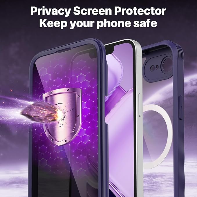CENHUFO Magnetic Privacy Case for iPhone 16E / iPhone 17E [Compatible with Magsafe] Full Body Phone Case Built-in 9H Glass Privacy Screen Protector and Camera Protector, Shockproof Cover - Purple