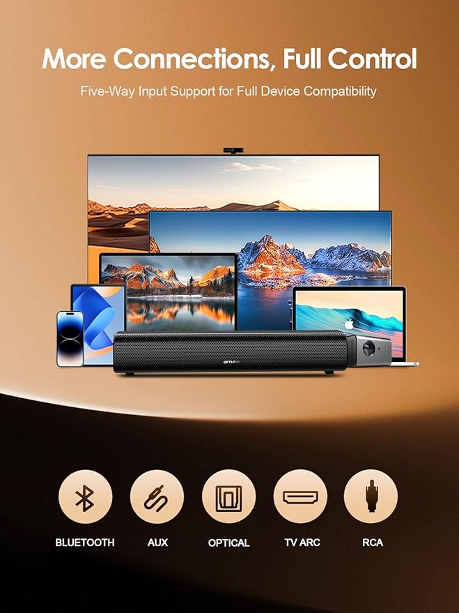 Rythflo 60W Bluetooth Sound Bar, 16 inch Compact TV Soundbar with Remote, 8 Flame Light Modes, Optical/ARC/AUX/RCA Connections, Wall-Mountable Home Theater Speaker for TV, PC, Projector, Gaming