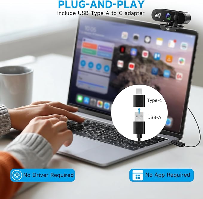 AOC 4k Webcam for PC with Microphone, Computer Camera with Noise Cancellation, Privacy Cover, 99° FOV, Plug & Play USB Webcam for Streaming, Conferencing, Zoom, Skype, Facetime, Laptop, PC, Skype