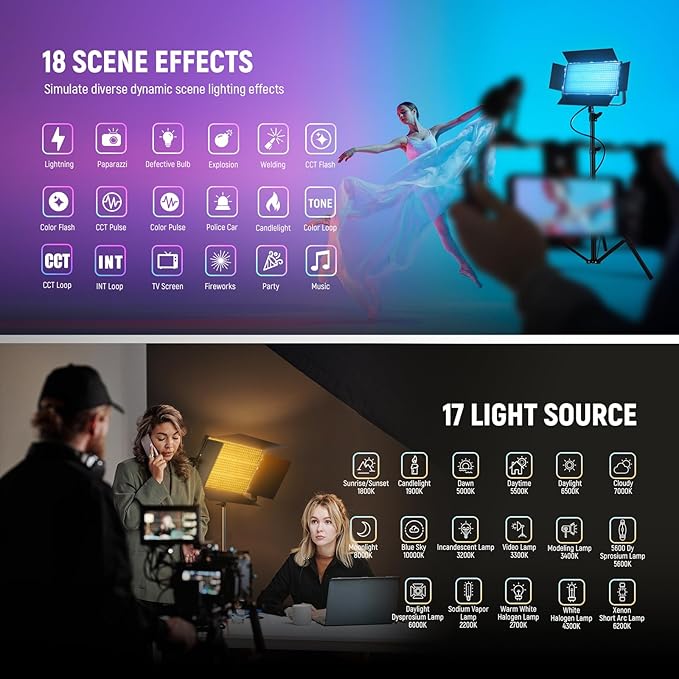 NEEWER 105W RGB LED Panel Video Light Kit with Barn Doors, 1200 LEDs 31500Lux/0.5m 2500K-10000K CRI96+/TLCI97+ Dimmable, APP/2.4G/Panel/DMX Control, Studio Photography Video Recording Lighting, AP100C