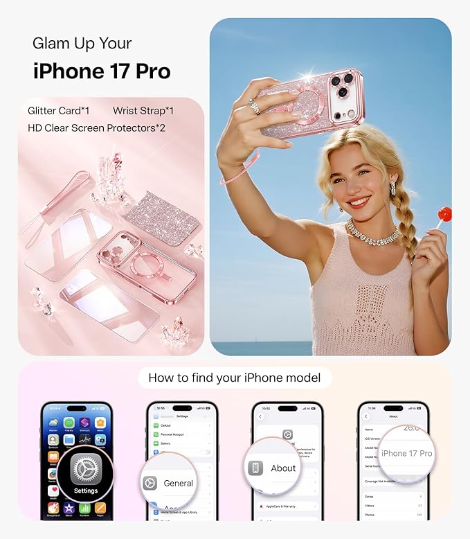 Meifigno Designed for iPhone 17 Pro Case 6.3", [Glitter Card & Wrist Strap][Compatible with MagSafe][2X HD Screen Protectors] Surround Raised Lens Protection for 17 Pro Phone Case for Women, Rose Gold