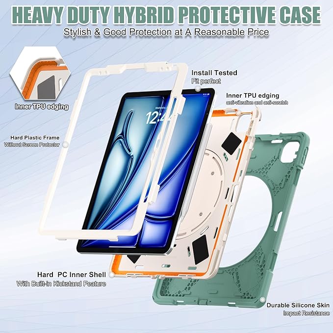 SCSVPN Case for iPad Air 13 inch M4/M3/M2 (2026/2025/2024) & iPad Pro 12.9 Case 6th/5th/4th/3rd Gen 2022 2021 2020 2018, Protective Cover with Pencil Holder-Stand-Handle-Shoulder Strap, Emerald Green