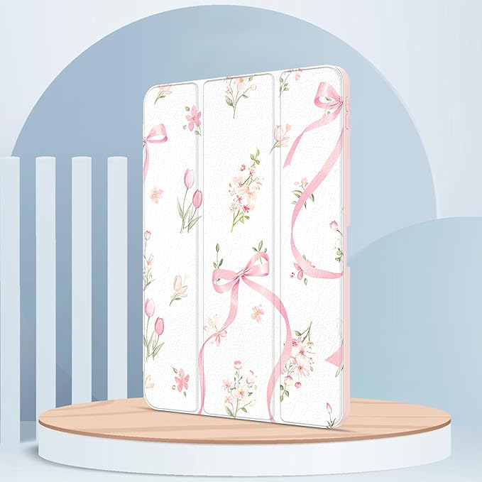 Case for iPad Pro 11-Inch M5/M4 2025/2024 (6th/5th Generation), Case with Pencil Holder, Clear Back Cover Cute Cool Design for Women Girls, Auto Sleep/Wake, Bow Tulip