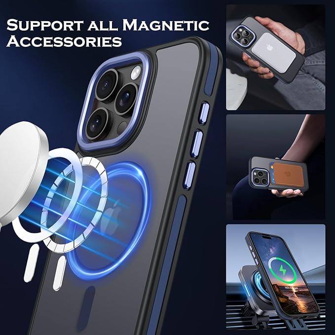 YINLAI Case for iPhone 16 Pro Max, Magnetic Case [Compatible with Magsafe] Supports Wireless Charging Slim Translucent Matte Women Men Shockproof Protective Back Phone Cover 6.9 Inch, Black/Blue