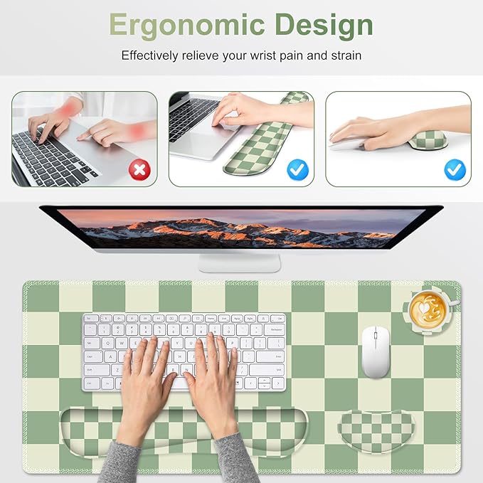 Large Gaming Mouse Pad Set, 4 in1 Ergonomics Keyboard Desk Mat with Memory Foam Wrist Rest, Extended Game Mousepad, Non-Slip Desk Pad Matt Easy Typing Pain Relief I Green Checkered