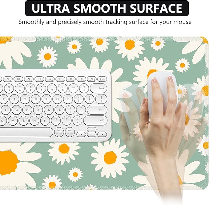 iCasso XXL Large Mouse Pad for Desk, Anti-Slip Big Mousepad with Stitched Edges, Keyboard Mat for Work, Gaming (Daisy)