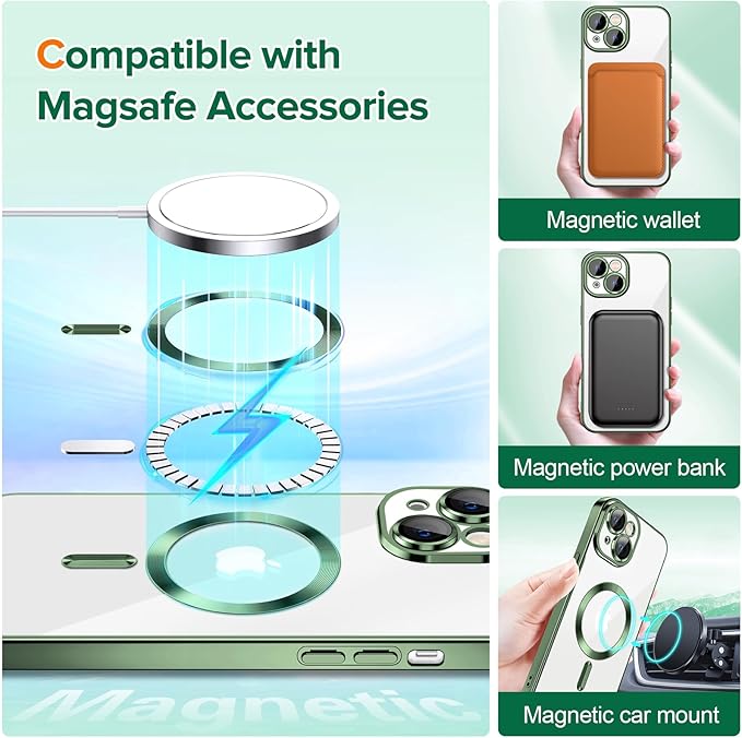 Hython Magnetic Clear for iPhone 14 Case with Camera Lens Protector [Compatible with MagSafe] Luxury Plating Edge Slim Soft TPU Cover Protective Phone Case for iPhone 14 6.1", Deep Green