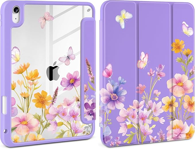 Case for iPad Air 13 inch 2026 M4 2025 M3 2024 M2 Release Slim Lightweight Shockproof Cute Violet Cover with Clear Back TPU Edge Pencil Holder Trifold Stand Auto Wake Sleep, Watercolor Flower