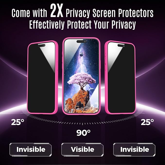 Symcele Designed for iPhone 15 Pro Case, Compatible with MagSafe, with Privacy Screen Protectors X2, [Camera Protection] [15FT Military Drop Protection] Shockpoof Phone Case, 6.1'', Hot Pink