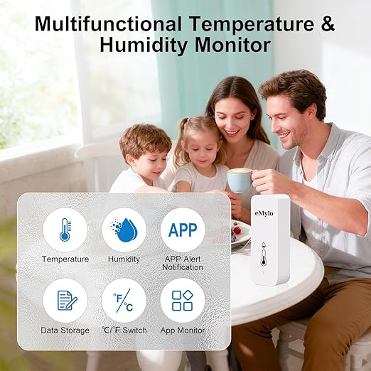 eMylo WiFi Temperature Humidity Sensor, Wireless Indoor Thermometer Hygrometer with App Alert, Free Data Storage Export, Smart Temperature Humidity Monitor for Home Bedroom, Compatible with Alexa (1)