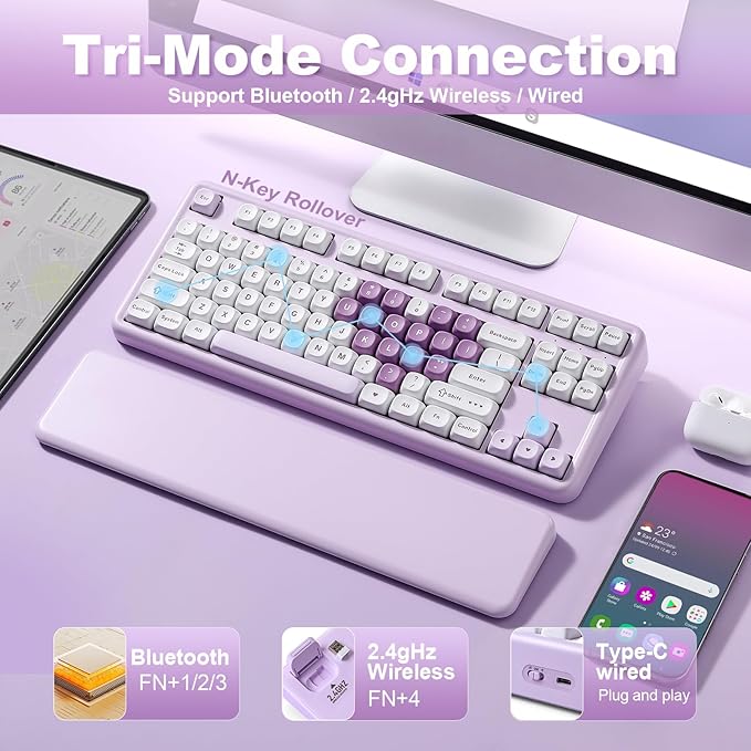 YUNZII B87 Wireless Mechanical Keyboard,QMK/VIA Programmable,TKL Layout 87 Keys,BT/2.4G/USB-C,Hot Swap Gasket Mount RGB Backlit Gaming with Wrist Rest for Win/Mac (Purple Heart, Cocoa Cream V2)