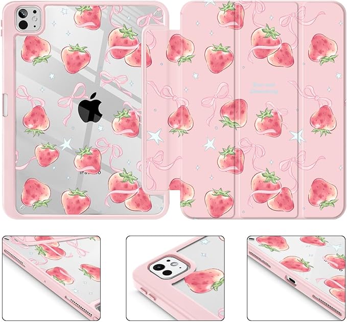May Chen for iPad Pro 13 Inch Case M5 2025 / M4 2024, Built Pencil Holder & Clear Transparent Print Back Shell Slim Stand Shockproof Tablet Cover, Auto Wake/Sleep, Bow Strawberry