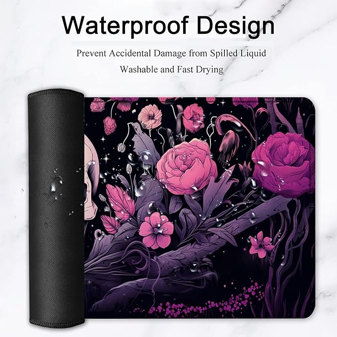Large Mouse Pad, 31.5 x 11.8in Extended Gaming Mouse Pad with Stitched Edges, XXL Mousepad Protector Non Slip Rubber Base for Office and Home Writing Mat, Skulls and Pink Flowers Black Desk Mat