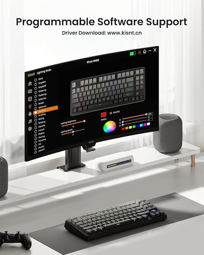 Kisnt KN85 Wireless Mechanical Gaming Keyboard, 75% Layout with RGB Backlit, Custom Hot Swappable, Creamy Sound, Bluetooth/2.4GHz/USB-C Compatible with Windows/Mac/PC(Gradient Gray, Side Printed)