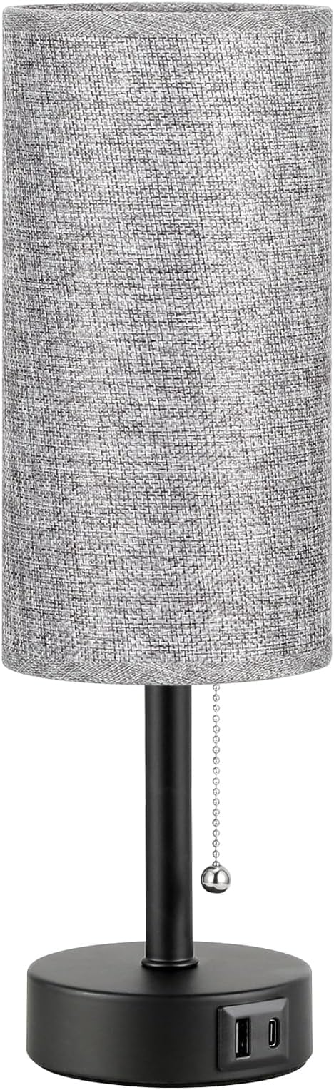 Grey Bedside Lamp for Bedroom Nightstand - Small Table Lamp with USB A + C Charging Port, 3 Color Temperatures Pull Chain Night Stand Light with Bulb, Side Table Desk Reading Lamp for Living Room/Dorm