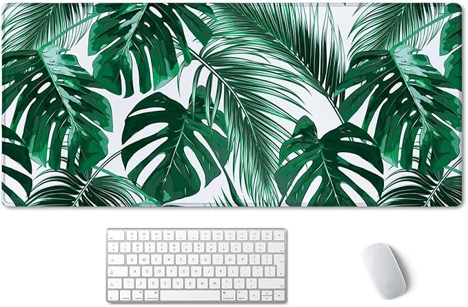 SSOIU Extended Gaming Mouse Pad (35.5x15.7 in), Large Stable Rubber Base Mousepad with Stitched Edges, Keyboard Mouse Mat Desk Pad for Work, Game, Office, Home - Tropical Palm Leaves