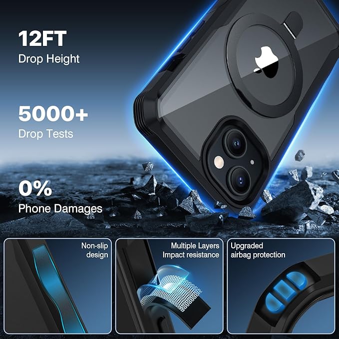 CENHUFO Privacy for iPhone 15 Plus Case, Full Body Phone Case [Compatible with Magsafe] Built-in 9H Tempered Glass Privacy Screen Protector and Magnetic Ring Stand, Clear Camera Lens Cover - Black