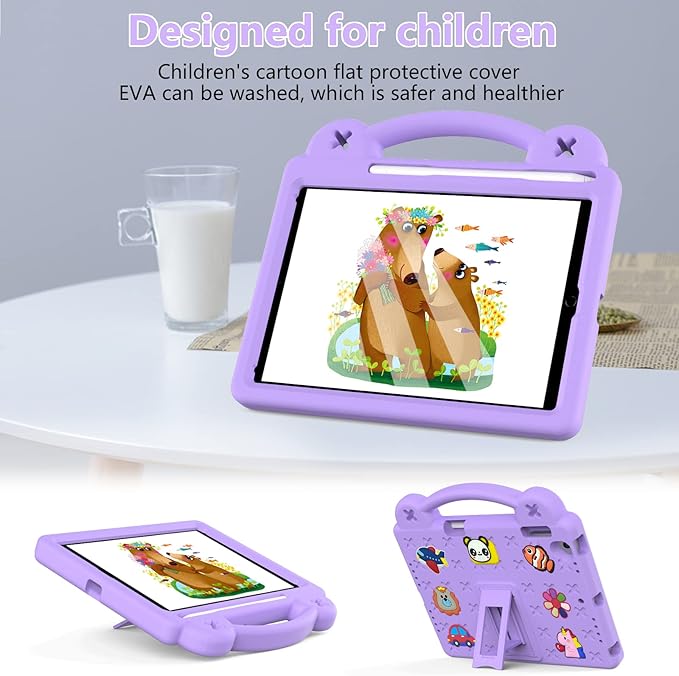 Dteck Kids Case for iPad 9.7 Inch 6th/5th Gen 2018/2017 & iPad Air 2/1 & iPad Pro 9.7,Cute Panda Shockproof Rugged Lightweight Pencil Holder Convertible Handles Stand Kids Friendly Case,Light Purple