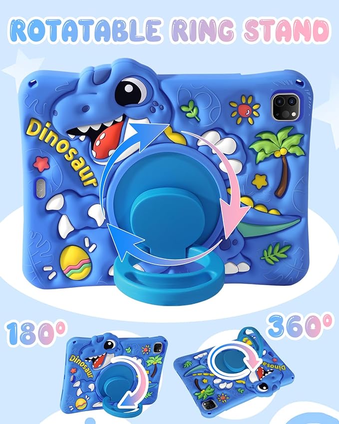 Boaretiu for iPad Air M4/M3/M2 11"/Air 4th/Air 5th Gen/for iPad Pro 11"(1/2/3/4) Case - Cute Cartoon Silicone Cover with Adjustable Shoulder Strap & Rotating Stand for Kids Boys Girls, Blue Dinosaur