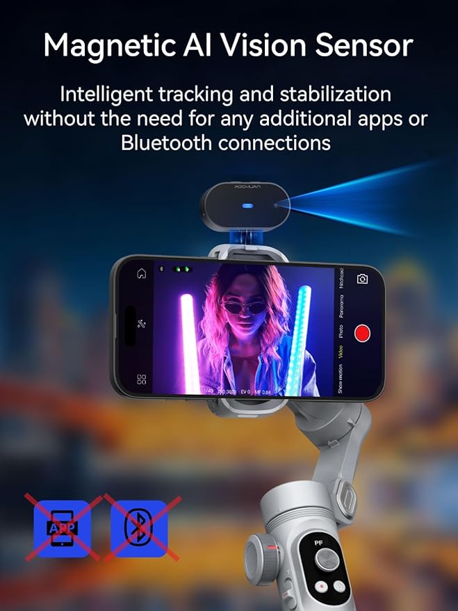AOCHUAN 3-Axis Phone Gimbal, Gimbal Stabilizer for iPhone w/AI Vision Sensor, Portable for iPhone/Andriod, Phone Stabilizer Built in Fill Light Perfect for TikTok YouTube-Smart XPro AI Grey